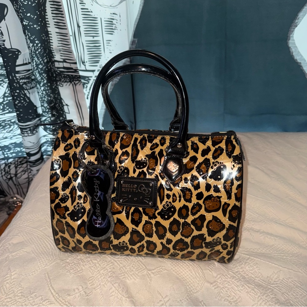 Sanrio Hello Kitty Large Faux Patent Leather Leopard Print Satchel Tote Bag